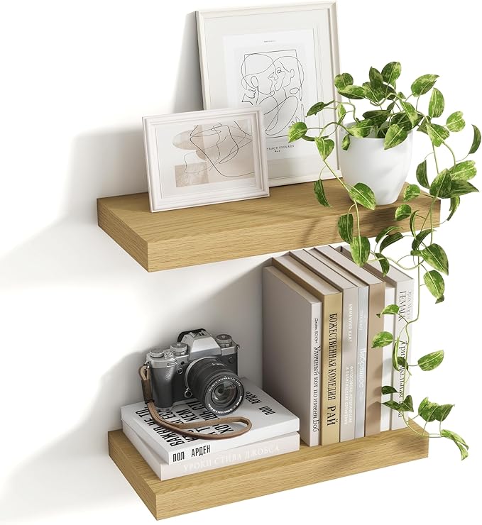 16 Inch Floating Shelves, 8 Inch Deep Floating Shelves for Wall, Hanging Shelf with Invisible Brackets, Deep Shelves for Bathroom, Bedroom, Living Room, Oak, Set of 2-Ruum Studio Home