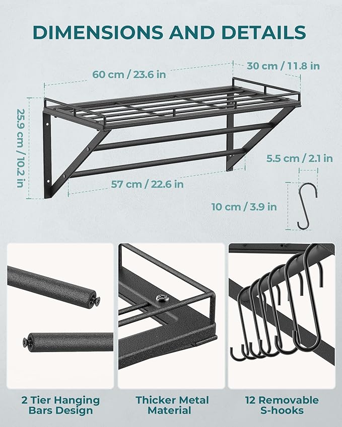 OROPY 23 Inch Wall Mounted Pot Rack Storage Shelf with 2 Tier Hanging Rails 12 S Hooks included, Ideal for Pans, Utensils, Cookware, Plant Black-Ruum Studio Home