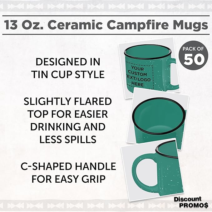 DISCOUNT PROMOS Custom Ceramic Campfire Coffee Mugs 13 oz. Set of 50, Personalized Bulk Pack - Perfect for Tea, Espresso, Cappuccino, Hot Cocoa - Mint-Ruum Studio Home