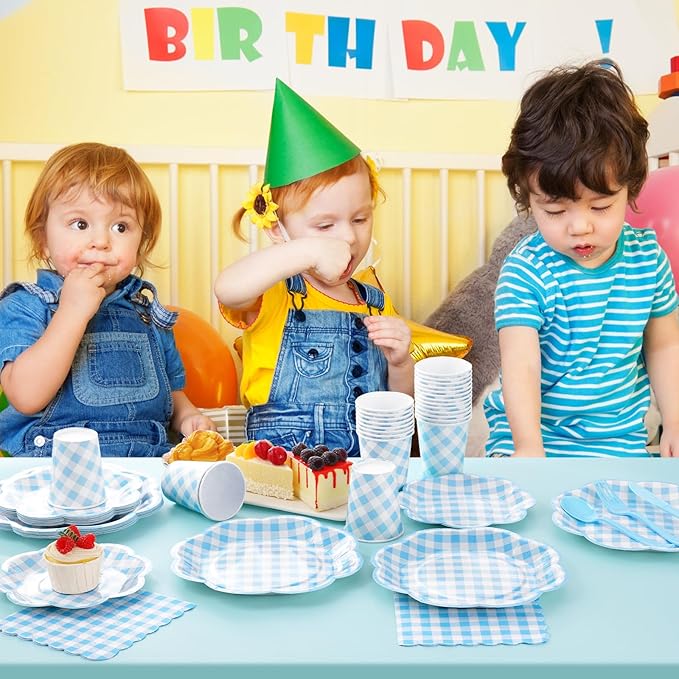 350 Pcs Blue Gingham Plates and Napkins Party Supplies - Blue and White Checkered Plates Sets Serve 50 Guests - Scalloped Gingham Paper Plate for Birthday Dinner Wedding Baby Shower Party Decorations-Ruum Studio Home