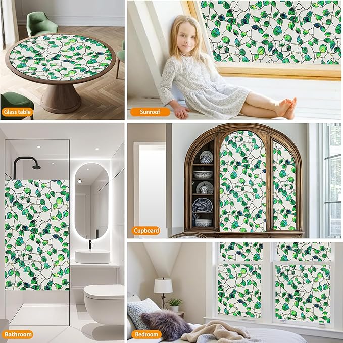 Window Privacy Film Stained Glass Decorative Static Clings Frosted Window Tint for Home Room Decor Bathroom Door Car Stickers with Glittering Effect, Removable(Blue & Green pothos Botanical)-Ruum Studio Home