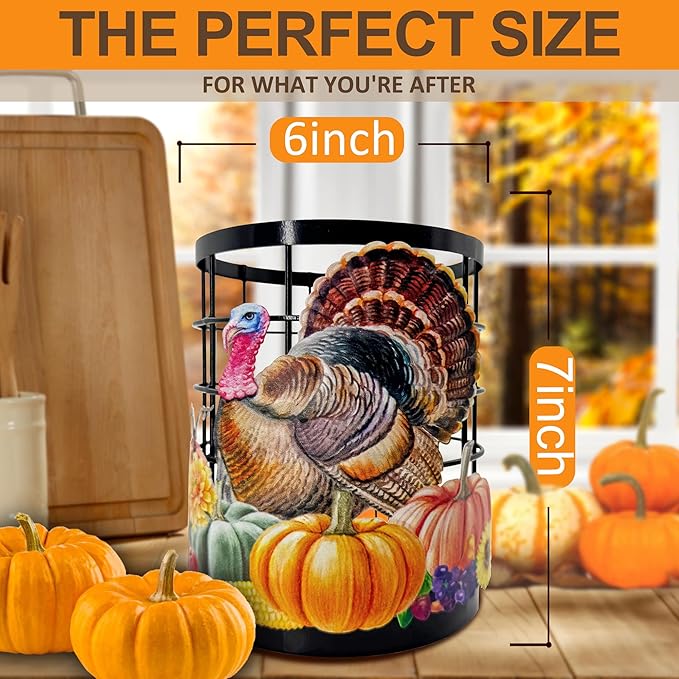 Thanksgiving Turkey Utensil Holder, Thanksgiving Turkey Pumpkin Kitchen Decor Utensil Organizer for Countertop, Fall Metal Cooking Tools Farmhouse Counter Decor, Kitchen Gifts Utensil Caddy Harvest-Ruum Studio Home
