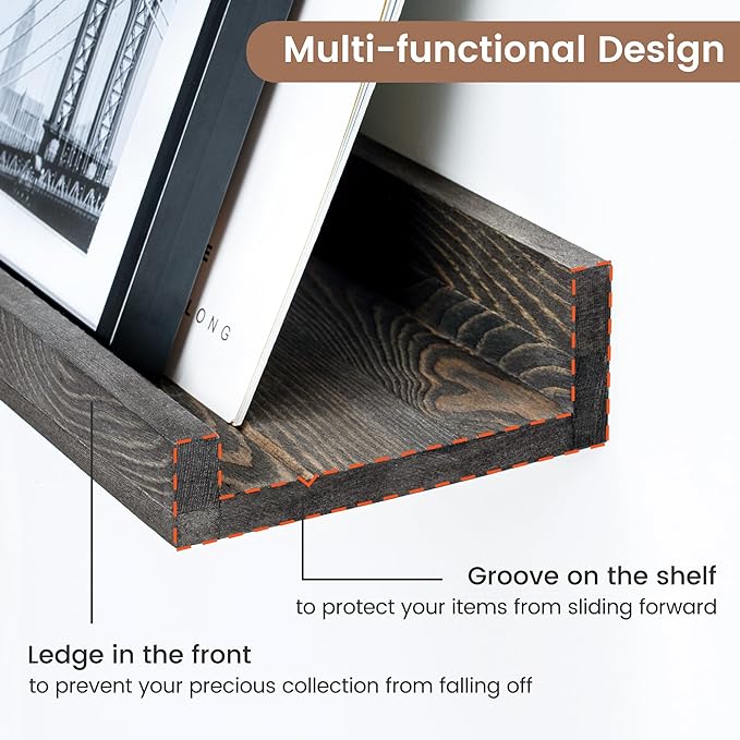 48 Inch Long Floating Shelves for Wall, Solid Pine Wood Picture Ledge Shelves with Lips, Nursery Book Shelves for Toys Storage Living Room Bedroom Photo Frames (2 Pcs, Grey)-Ruum Studio Home
