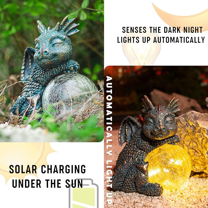 WONDER GARDEN Dragon Statue - Sleeping Dragon Figurines Solar Light Resin Garden Statues with Crackled Glass Globe Outdoor Waterproof Lawn Ornament Decor-Ruum Studio Home