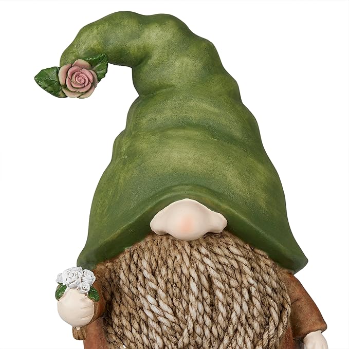 Alpine Corporation QWR1442 Outdoor Gnome with Green Hat Holding a Flower for Garden, Patio, and Lawn, 10" H, Multicolor-Ruum Studio Home