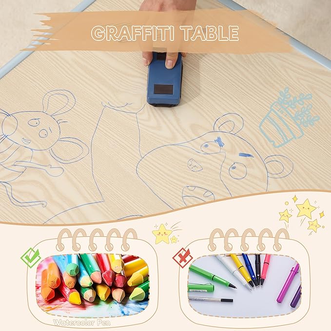 Height-Adjustable Kids Table and Chairs, 31.5''L x 23.6''W Toddler Table and 4 Chairs Set with Anti-Slip Foot Covers, Children Activity Table for Ages 2-10, Graffiti Desktop-Ruum Studio Home