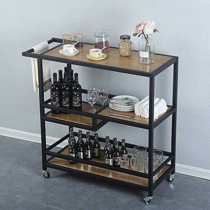 Bar and Serving Cart Industrial & Modern Rustic Rolling Bar and Serving Cart,3-Tiered Wood & Metal Kitchen Bar Cart Island with Wheels,Move Storage Coffee/Wine Island Shelf,Black-Ruum Studio Home