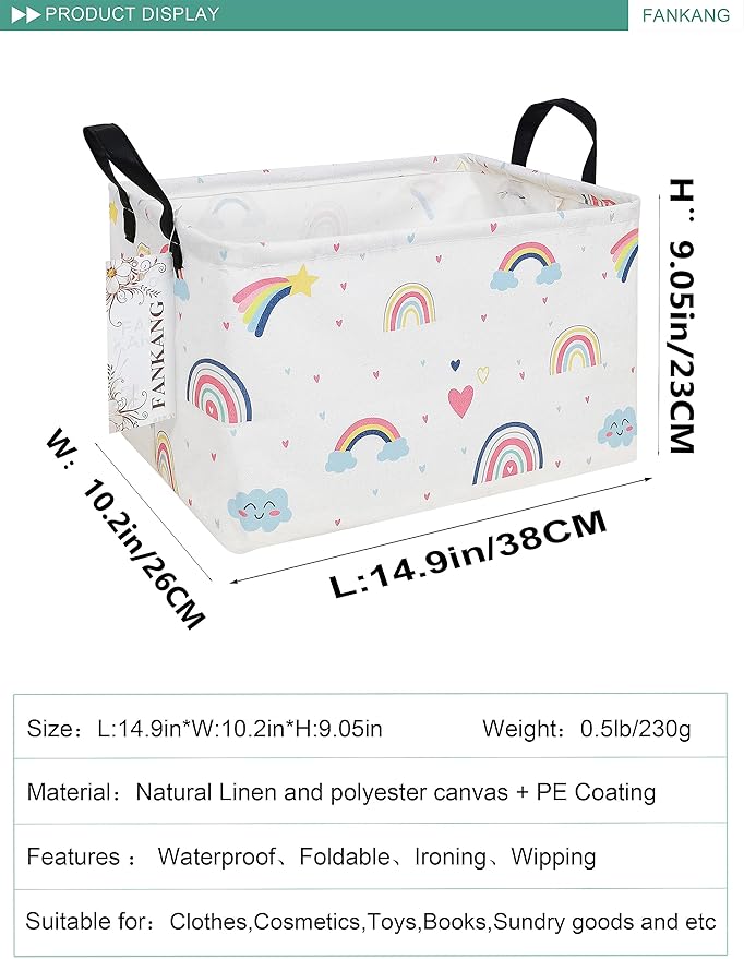 FANKANG Storage Bins, Nursery Hamper Canvas Laundry Basket Foldable with Waterproof PE Coating Large Storage Baskets for Kids Boys and Girls, Office, Bedroom, Clothes,Toys(Rec-Love Rainbow-Ruum Studio Home