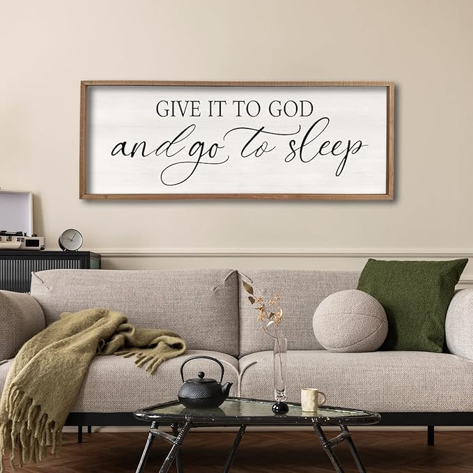 comurdyo Give It To God And Go to Sleep Sign 40''×15'' Master Bedroom Above Bed Wall Decor Wood Framed Couple Large Farmhouse Guest Room Rustic Simple Over Bedside Wall Art Hanging Decor (Wood)-Ruum Studio Home