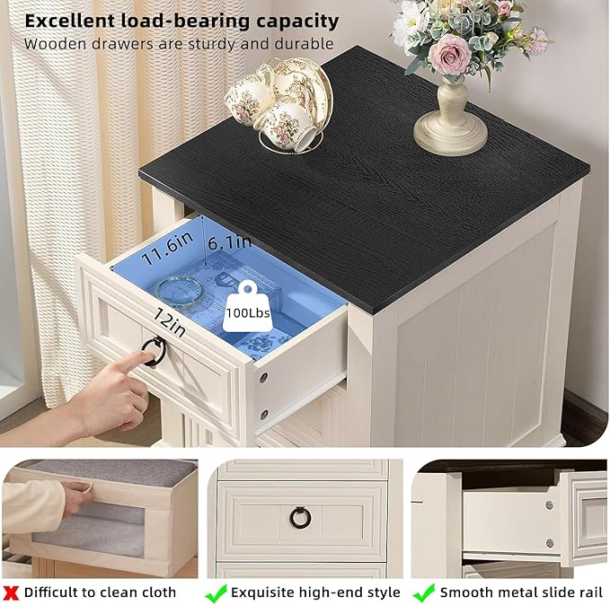 18" Farmhouse Night Stands Set of 2 with Charging Station, 2 & 3 Drawers End Table Dresser for Bedroom, White Wooden Nightstand, Bed Side Table with Open Shelf, Bedside Cabinet for Living Room-Ruum Studio Home