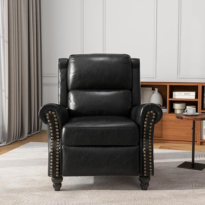 UIXE Pushback Recliner Chair, PU Leather Armchair Push Back Accent Chair for Living Room, Rivet Trim Club Chair Home Theater Overstuffed Single Sofa Bedroom Reading Seat - Black-Ruum Studio Home