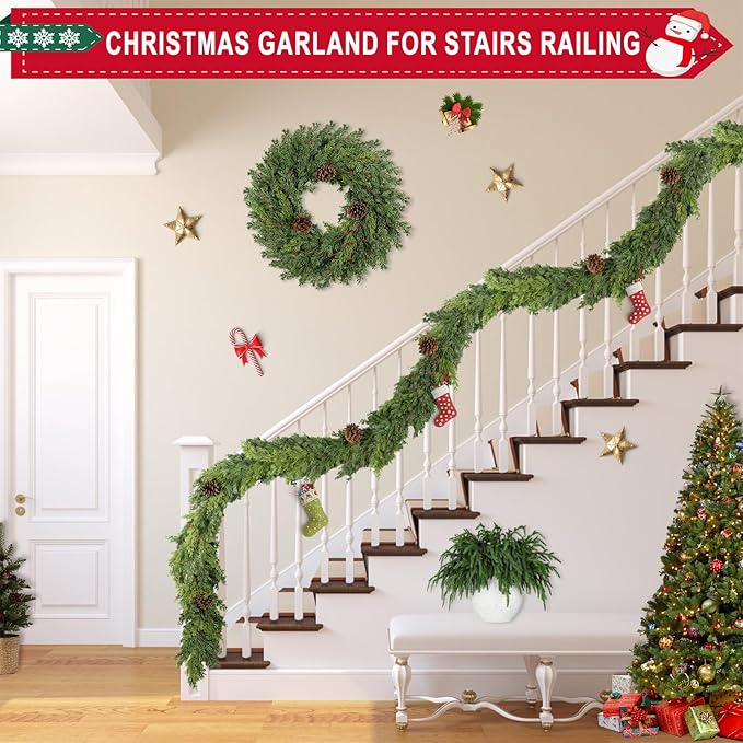 6 Ft Real Touch Christmas Garland Indoor with Pine Cone,Thick and Lush，Soft Bendable Mantle Garland Christmas, Lifelike Cedar Garland, Christmas Garland for Mantle,Indoor Christmas Decorations-Ruum Studio Home