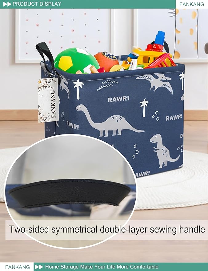 FANKANG Square Nursery Hamper Storage Bins Canvas Laundry Basket Foldable with Waterproof PE Coating Storage Baskets Gift Baskets for Children, Office, Bedroom, Clothes（Square-Blue dinosaur ）-Ruum Studio Home