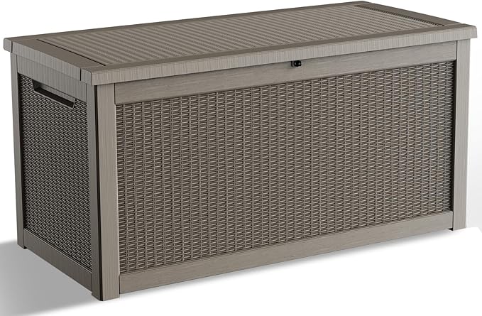 DRATO 260 Gallon Deck Box, Outdoor Large Waterproof Resin Storage Box with Lockable Lid for Patio Cushions, Gardening Tools, Sports Equipment, Light Brown-Ruum Studio Home