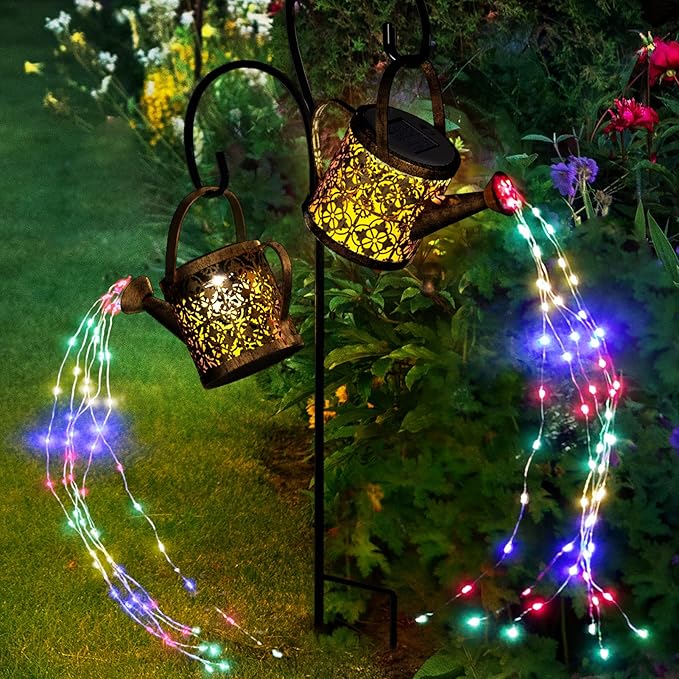 Merear Solar Watering Can Lights Outdoor with 8 Multi-Color Changing Modes, IP65 Waterproof Landscape Light Garden Decor, One Pole Two Lights Outside Decorations for Lawn, Backyard, Patio, Chrismas-Ruum Studio Home