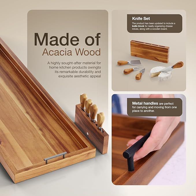 Acacia 36 Inch Extra Large Charcuterie Board with Cheese Knife Set of 4 - Acacia Wood Serving Tray with Handles, Long Charcuterie Board, Large Charcuterie Boards for Party, Wooden Cheese Board-Ruum Studio Home