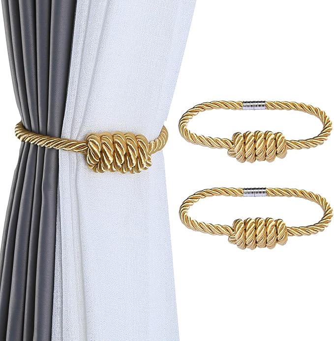 Fenghuangwu 2Pack Magnetic Curtain Tiebacks – Bohemian Style Handmade Woven Tie-Backs for Drapes,Elegant Exquisite Knot Holdbacks,Outdoor Boho & Modern Home Decor（Gold-Ruum Studio Home