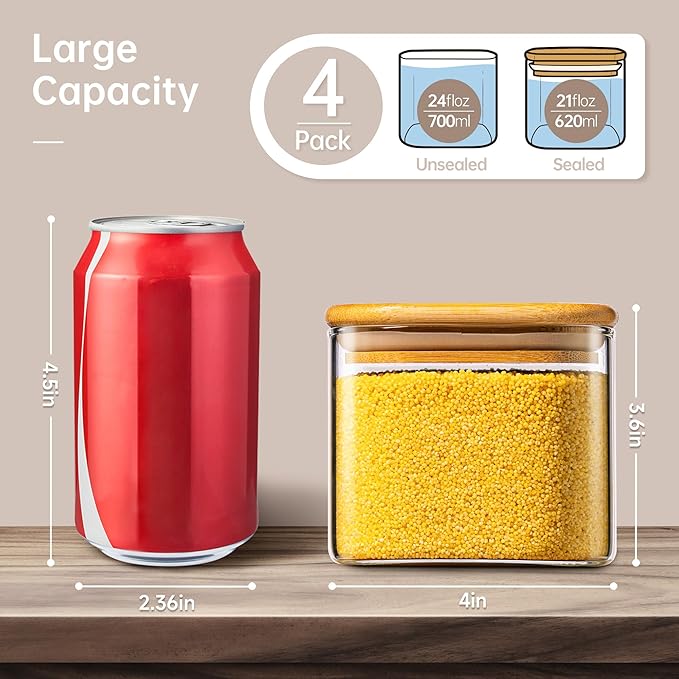 21oz - 4 Pack Square Glass Jars with Bamboo Lids, Glass Food Storage Containers with Airtight Lids, Air Tight Pantry Storage Containers for Coffee, Sugar, Spice, Meal Prep Jars for Salad & Fruit-Ruum Studio Home