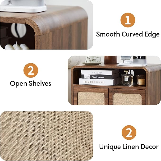 24" Large Side Table with Charging Station, Mid Century Modern End Table with USB/Type-C Ports, Curved Wood Nightstand with Storage & Natural Linen, Couch Side Table for Living Room Bedroom, Walnut-Ruum Studio Home