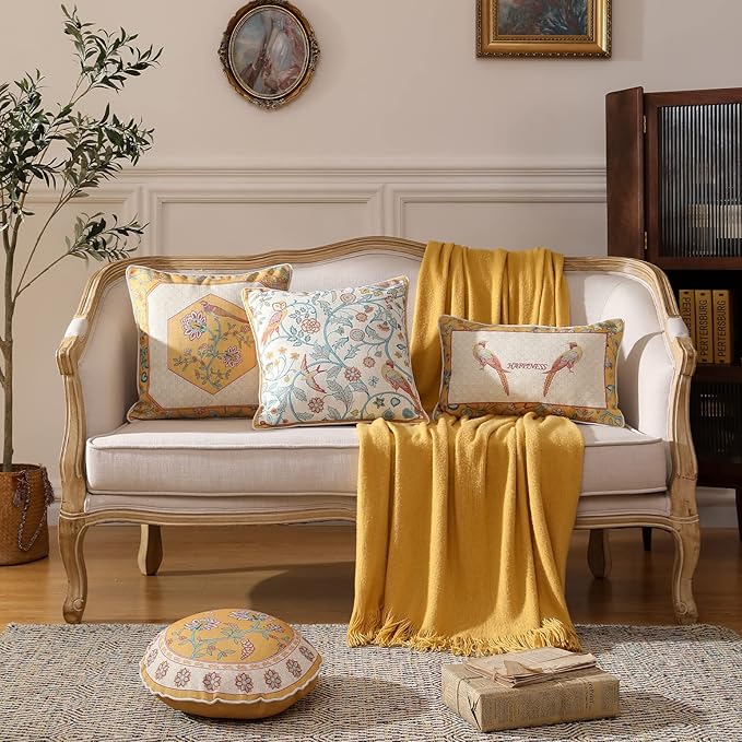 patdrea Design Yellow Linen Throw Pillow Covers Pack of 4, French Square Lumbar Round Pillowcase, Soft Durable Cushion Cases Pillowcase for Couch Bedroom Car Living Room 4 PCS-Ruum Studio Home