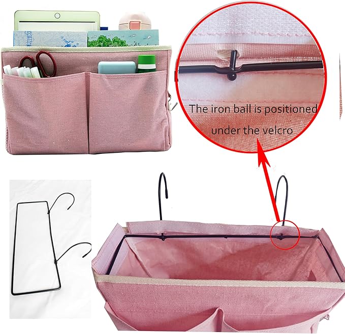 2-Pack Bedside Caddy Bedside Hanging Storage Basket Multi-Function Organizer Caddy for Bunk and Hospital Beds Dorm Rooms Bed Rails, Can be Placed Glasses Books Mobile Phones（2 pcs pink）-Ruum Studio Home