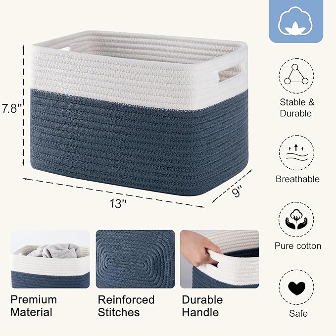4 Pack Storage Baskets for Organizing, Woven Baskets for Shelves - Perfect for Toys, Books, Towels, and Clothes, Durable Gift Basket Bins Toy Storage, 12.7''L x9''W x7.8''H, Blue and White-Ruum Studio Home