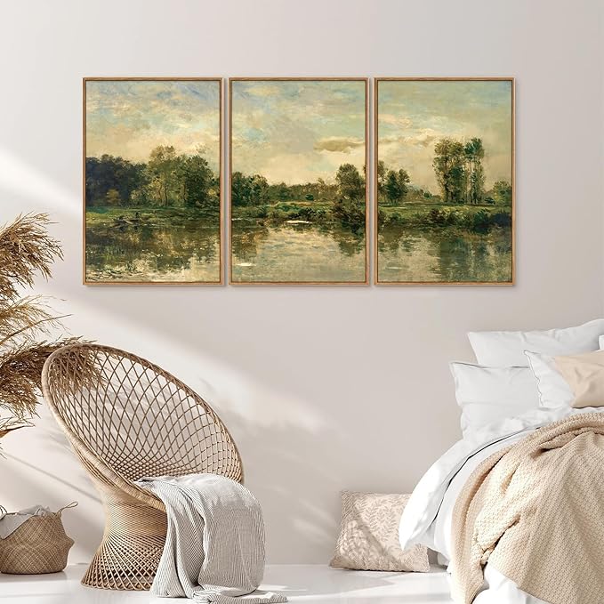 Tinonedraw Vintage Nature Framed Canvas Wall Art Set of 3, French Country Wall Decor, Olive Green Trees Art Paintings, Rustic Landscape Farmhouse Art Prints for Living Room Bedroom Office 24"x36"x3-Ruum Studio Home
