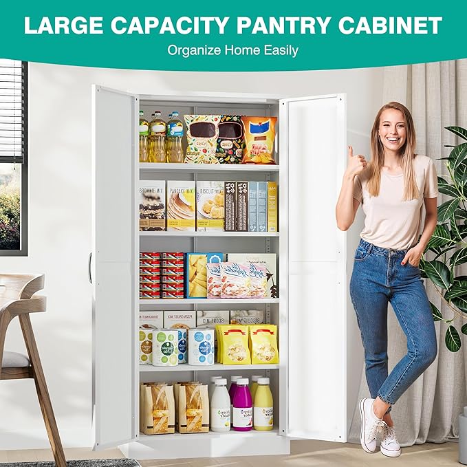 SISESOL Metal Storage Cabinet with 2 Doors and 5 Shelves,61 inch White Pantry Storage Cabinet,Large Farmhouse Pantry Cupboard for Home,Kitchen,Dining/Living Room-Ruum Studio Home