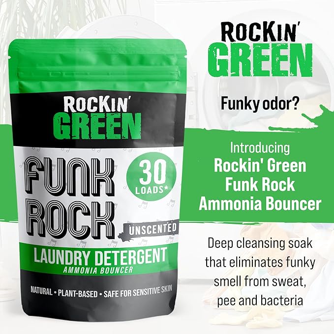 Rockin' Green Laundry Detergent, Plant based, All Natural Laundry Detergent Powder, Vegan and Biodegradable Odor Fighter, Safe for Sensitive Skin (Funk Rock Ammonia Bouncer 30 Loads - Unscented)-Ruum Studio Home