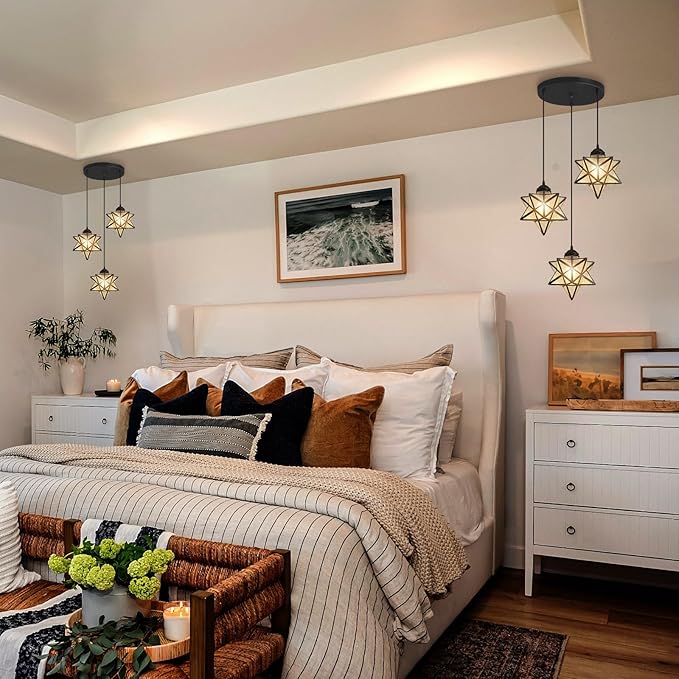 Farmhouse Glam Chandelier with Glass Star Pendants Light Fixture Elegant Ceiling Hanging Lights Included Warm Light Bulbs Black-Ruum Studio Home
