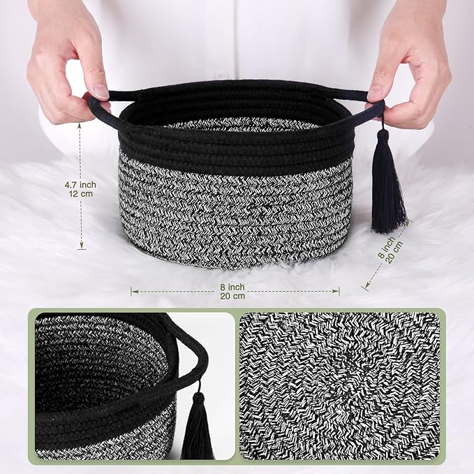 Small Gift Basket Empty to Fill – SweetMemo Mini Woven Rope Organizer Baskets for Gifting, Baby Shower, Desk, Bathroom, Shelves – Decorative Soft Bin with Gift Bag & Ribbon – Black Grey-Ruum Studio Home