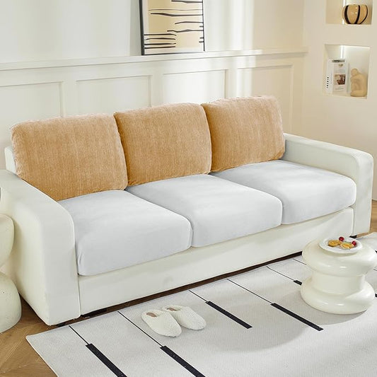 Large Backrest Cushion Covers Super Stretch Backrest Covers for 3 Cushion Couch Sofa, Couch Back Cushion Covers Featuring with Chenille Yarn (Softer Version, 3PC, Khaki)-Ruum Studio Home