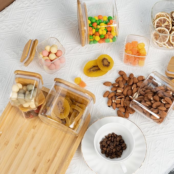 5oz Airtight Square Spice Containers with Bamboo Lid Set of 12 with Black Lables Storage Stackable Spice Jar, Kitchen Canister for Sugar, Tea, Flour, Salt and Seasonings (‎Clear Glass)-Ruum Studio Home