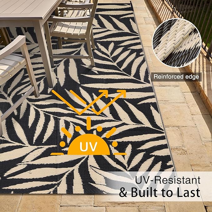 OLANLY Waterproof Outdoor Rug 5x8 ft, Reversible Outdoor Plastic Straw Rug with Leaf Pattern, RV Mat, Indoor Outdoor Carpet for Patio, Camping, Balcony, Deck, Backyard, Black & Beige-Ruum Studio Home