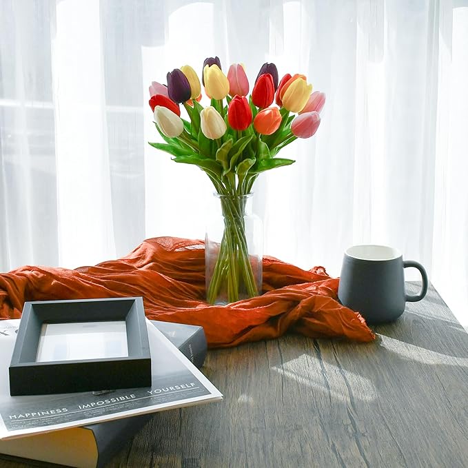 Mandy's Artificial Tulips 12 Stems Multicolor PU Faux Flowers for Wedding Home Decor 13.5 Inch-Ruum Studio Home