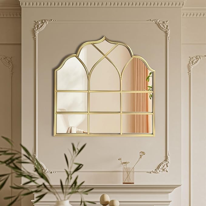 Window Mirror Pane Scalloped, Wide Arched Gold Mirrors Decorative, Cathedral Arch Wall Decor with Metal Windowpane Grid for Mantle Entryway Fireplace Hallway Living Room-Ruum Studio Home