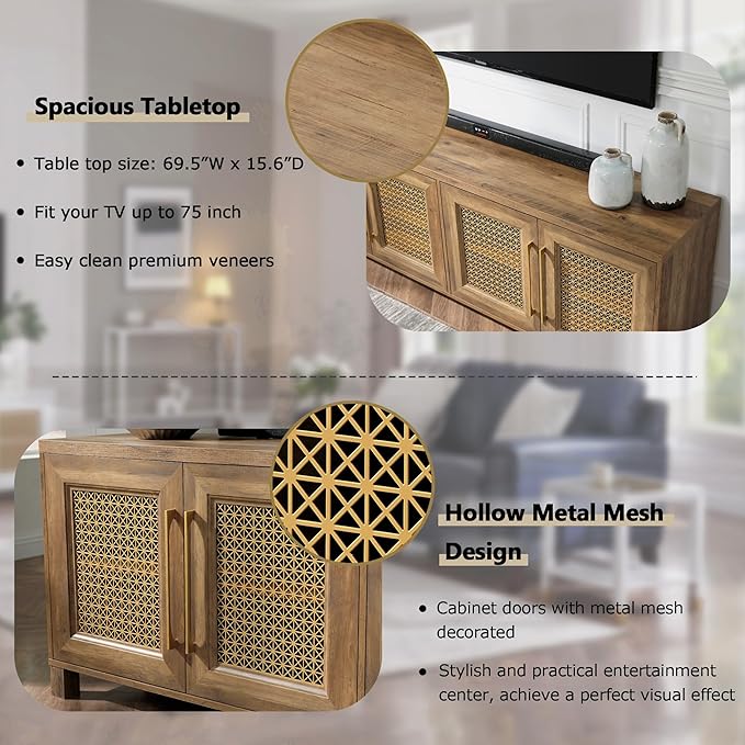 JYED Mid Century Modern TV Stand for TVs up to 75 Inch, with Hollow Metal Mesh Decorated，Boho TV Console with Storage Cabinet,Cable Holes, TV Stand for Living Room, 69.5"x15.6"x24.8", Rustic-Ruum Studio Home