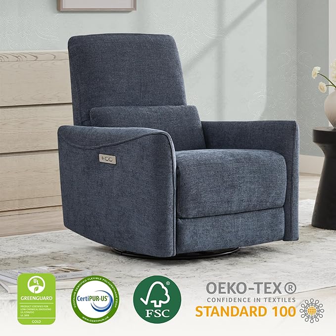 CHITA Power Recliner Chair Swivel Glider, FSC Certified Upholstered Fabric Living Room Nursery Reclining Sofa Chair with Lumbar Support, Ink Blue-Ruum Studio Home