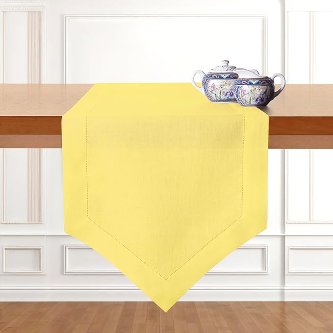 D'Moksha Homes Lemon Yellow Linen Table Runner 108 Inches Long - 100% Pure Linen Diamond Table Runner 14 x 108 Inch for Dining, Fall and Halloween - Machine Washable-Ruum Studio Home
