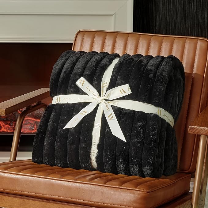 Amélie Home Faux Fur Throw Blanket for Couch, Cozy Fuzzy Fluffy Fur Luxurious Soft Striped Plush Gift Blankets for Family Sofa Chair Bed Living Room Bedroom, 55"x70", Black-Ruum Studio Home