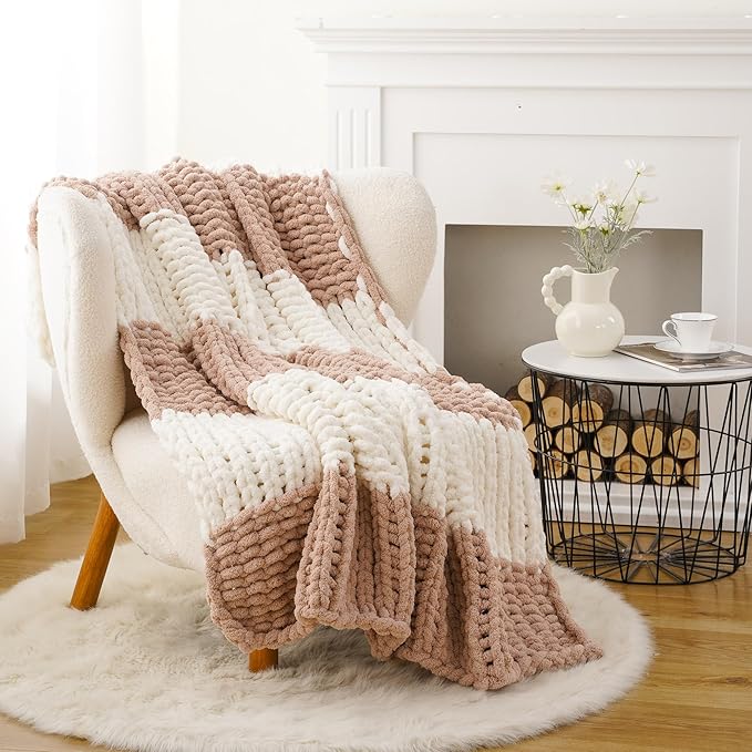 Battilo Chunky Knit Throw Blanket, Soft and Thick Chenille Throw Blanket, 50"x60" Handmade Cable Knit Crochet Blanket, Large Rope Knot Throw Blankets for Couch Sofa Bed Home Decor, Blush & White-Ruum Studio Home