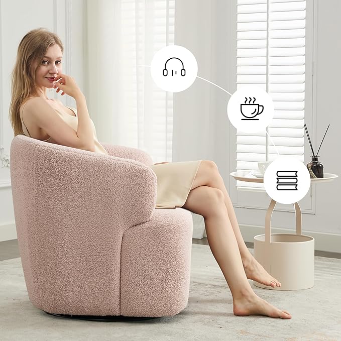 Swivel Accent Chair, Sherpa Teddy Barrel Chair for Living Room, Cozy Round Boucle Arm Chair, Metal Base for Club Nursery Bedroom, Light Blush Pink-Ruum Studio Home