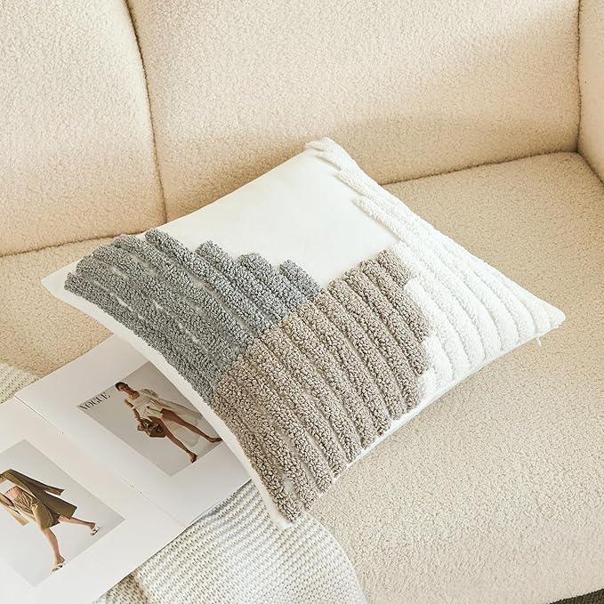 HOdo Home 18x18 Throw Pillow Covers, 2PCS Tufted Boho Jacquard Pillow Covers,Farmhouse Decorative Pillow Cover,Pillow Cases for Couch Sofa Bed Stylish Decor, Simple Textured Cushion Sham-Ruum Studio Home