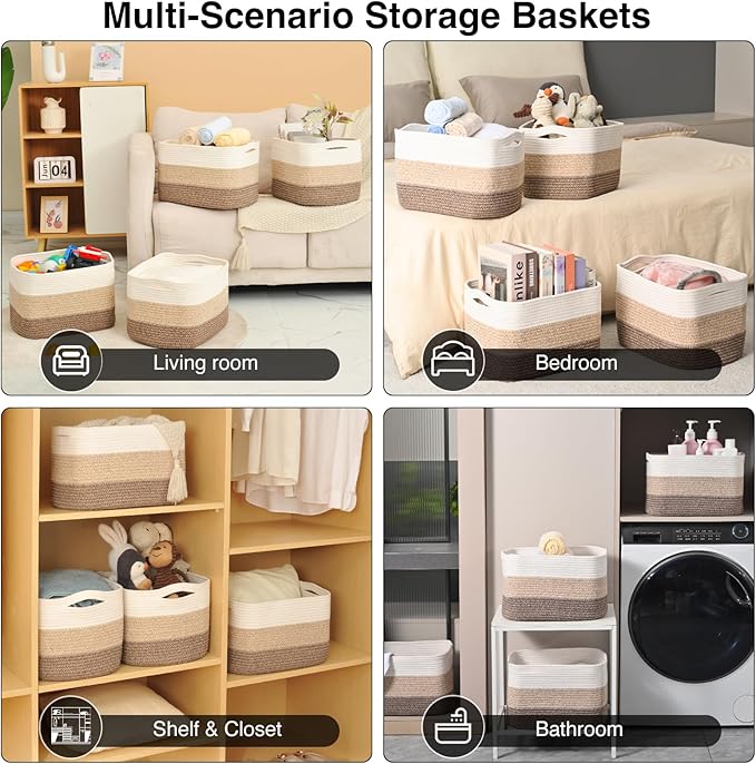 Storage Baskets for Organizing & Shelves, Woven Cotton Rope Organization Bins for Dog Toys, Clothes, Books, Nursery Organizer, 15"Lx11"Wx9.5"H, (4 Packs) Gradient Brown-Ruum Studio Home