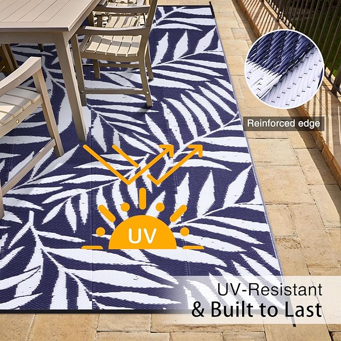 OLANLY Waterproof Outdoor Rug 9x12 ft, Reversible Outdoor Plastic Straw Rug with Leaf Pattern, RV Mat, Indoor Outdoor Carpet for Patio, Camping, Balcony, Deck, Backyard, Navy & White-Ruum Studio Home