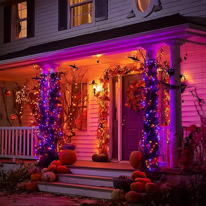 Dazzle Bright Halloween String Lights, 600 LED 196 FT Waterproof Black Wire String Lights with 8 Lighting Modes, Halloween Decorations Outdoor for Party Yard Garden Decor, Purple and Orange-Ruum Studio Home
