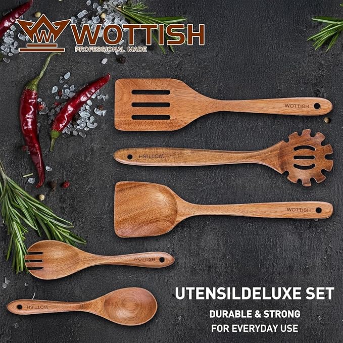 Wooden Spoons for Cooking - 5-Piece Wooden Kitchen Utensil Set made of Natural Solid Wood Material - Includes Salad Spoons, Spaghetti Spoon, Salad Fork, Flat Spatula,Slotted Spatula(A05)-Ruum Studio Home
