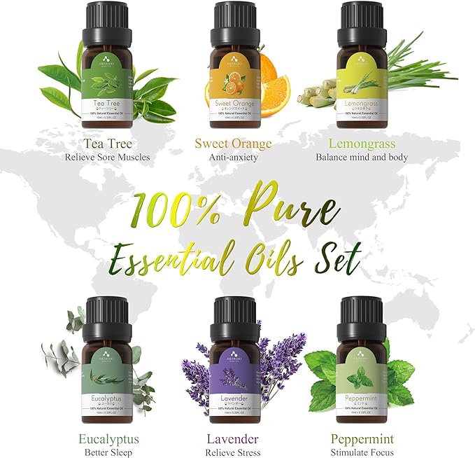 ASAKUKI Oil Diffuser with Essential Oils Set, 500ml Aromatherapy Humidifier with 14 LED Colors & Auto Shut-Off - 6 Oil Gift Pack(Lavender Eucalyptus Tea Tree Orange Peppermint Lemongrass)-Ruum Studio Home