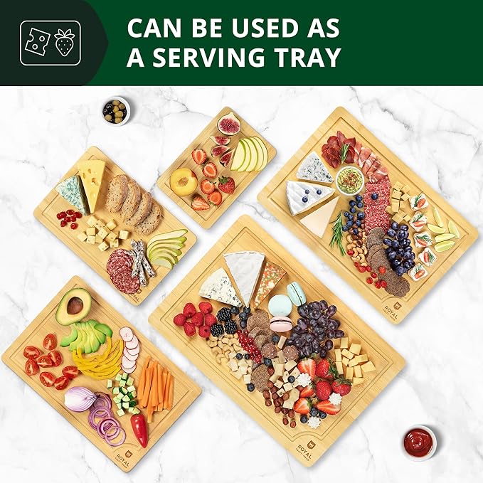 ROYAL CRAFT WOOD Wooden Serving Boards for Kitchen Meal Prep&Bamboo Wood Cutting Board Set with Deep Juice Groove Side Handles-Charcuterie & Chopping Butcher Block for Meat-Kitchen Gadgets Gift (5Pcs)-Ruum Studio Home