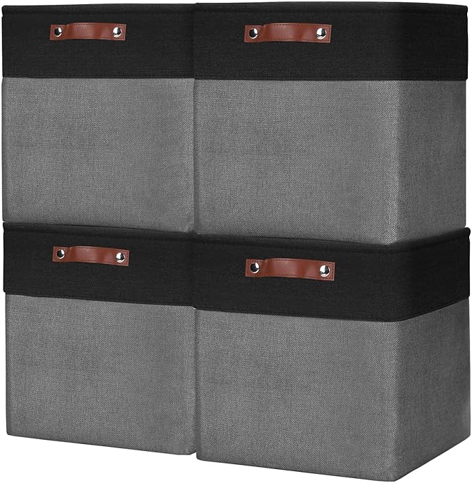 13x13 Cube Storage Bins, Collapsible Fabric Storage Box, 4 Pack Closet Baskets with Handles for Organizing, Shelf, Toys, Clothes, Home, Office, Nursery (Grey&Black)-Ruum Studio Home